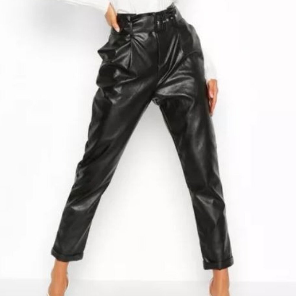boohoo Black Leather Look Belted Tapered Trouser NWT Misses Size 10
